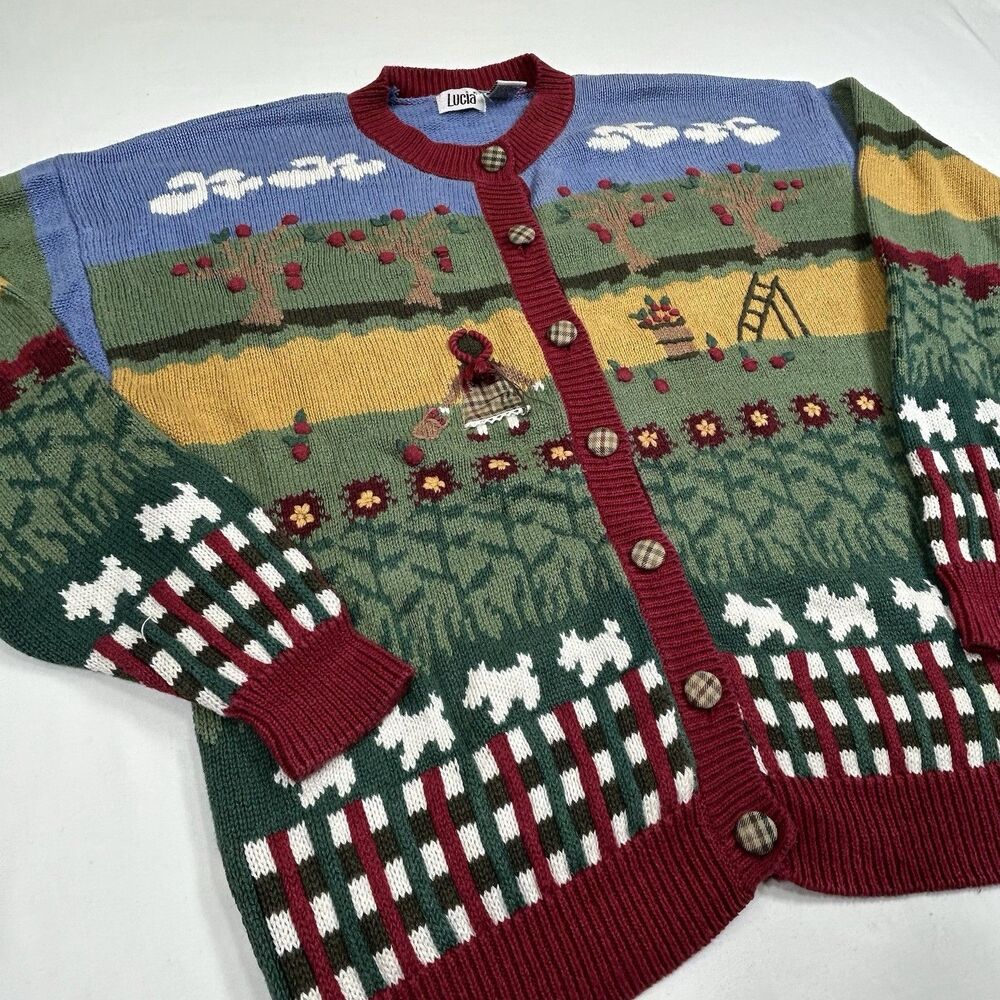 Vintage Lucia Apple Orchard Farm Cardigan Sweater XL Novelty Country Dog Festive - Picture 2 of 14